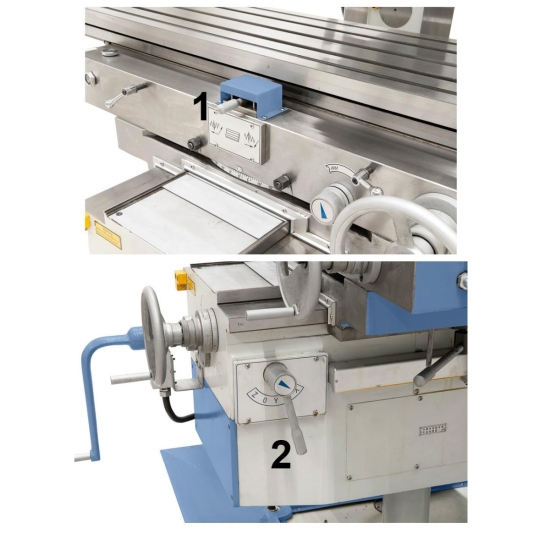 1. Wahlhebel für Vorschubrichtung / 2. Wahlhebel für Vorschubachse