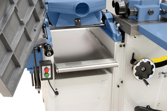 Dickentisch aus Grauguss mit mittiger Zentralsäule und Abstützung für Werkstücke bis 230 mm Höhe.