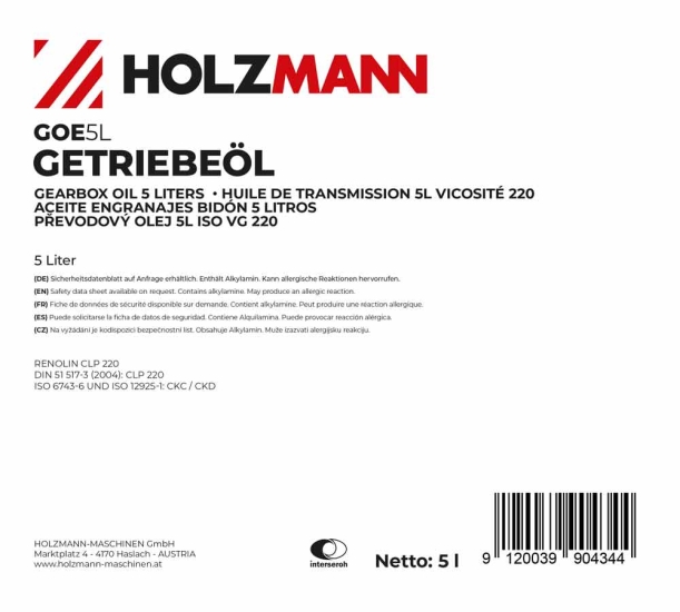 Holzmann GOE5L Getriebeöl 5 Liter Viskosität 220
