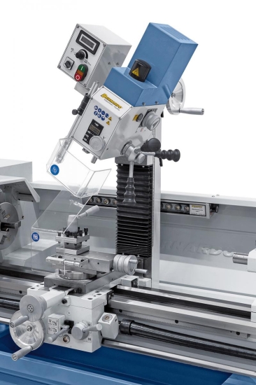 Fräskopf serienmäßig mit digitaler Bohrtiefen- und Drehzahlanzeige. Bohren und Fräsen in jedem Winkel möglich.