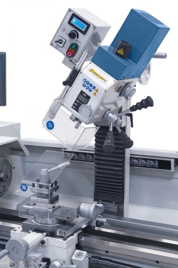 Fräskopf serienmäßig mit digitaler Bohrtiefen- und Drehzahlanzeige. Bohren und Fräsen in jedem Winkel möglich.