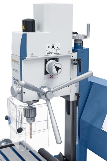 Großdimensionierter Sterngriff für leichte Pinolenzustellung beim Bohren, Handrad für Feinzustellung beim Fräsen.