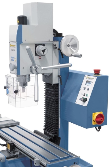 Großdimensionierter Sterngriff für leichte Pinolenzustellung beim Bohren, Handrad für Feinzustellung beim Fräsen.