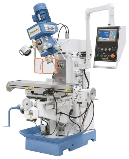 Dreh- und schwenkbarer Fräskopf für universellen Einsatz, pneumatische Werkzeugklemmung optional erhältlich.