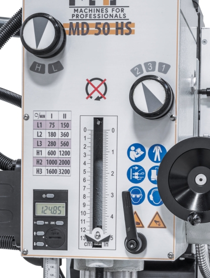 Bohr- und Fräsmaschine inkl. Guss-Untergestell MD 50 HS getriebeschalter