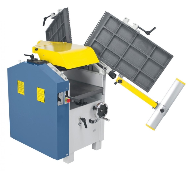 Die hochklappbaren Abrichttische ermöglichen beim Dickenhobeln ein optimales und sicheres Arbeiten, auch bei kurzen Werkstücken.